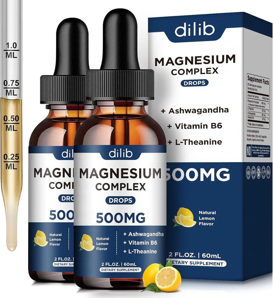 (2 Pack) Magnezyum Glycinate, Citrate, Malate Liquid Drops-Triple Magnezyum Kompleksi 500 mg Ashwagandha, L-Theanine, B6-Depre Calm, Stres Yardımı, Uyku, Kas-Lemon Flavor
