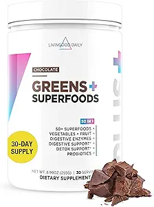 Daily Greens & Superfood Toz, Gut Health için Süper Yeşiller, Spirulina, Chlorella ve Digestive Enzymes, Probiyotikler for Digestive Support, Chocolate, 30 Services