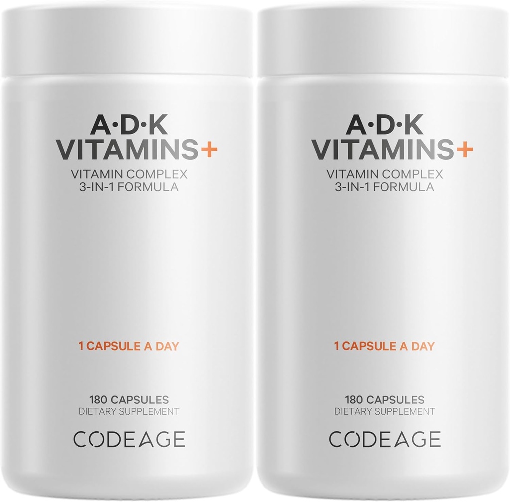 Codeage ADK Vitamins Supplement - Essential Vitamin A, D3 5000 IU, K1 & K2 (MK4 & MK7) - 6-Month Supply - 1 Capsule per Serving, Non-GMO, Gluten-Free - 2-Pack