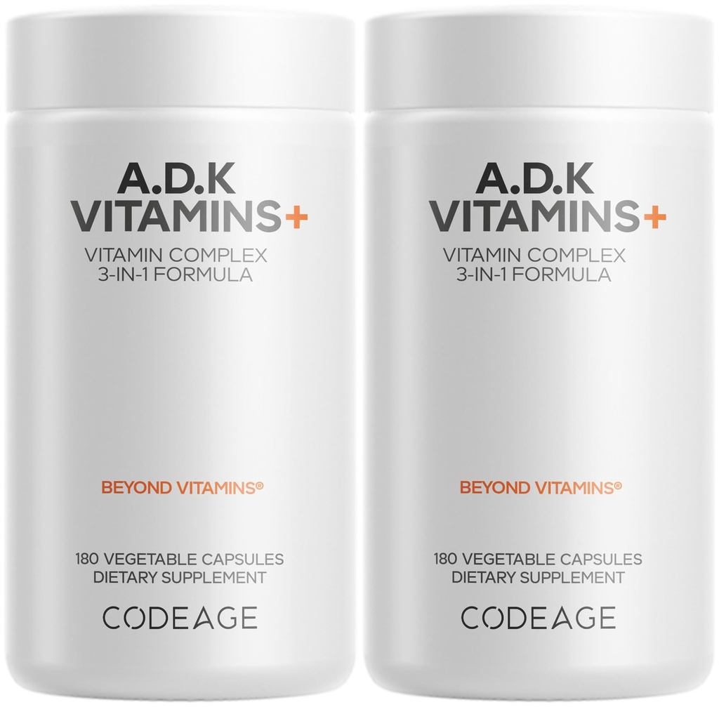 Kodage ADK Vitaminleri Tamam - Temel Vitamin A, D3 5000 IU, K1 & K2 (MK4 & MK7) - 6Month Supply - 1 Capsule per Service, Non-GMO, Gluten-Free - 2Pack