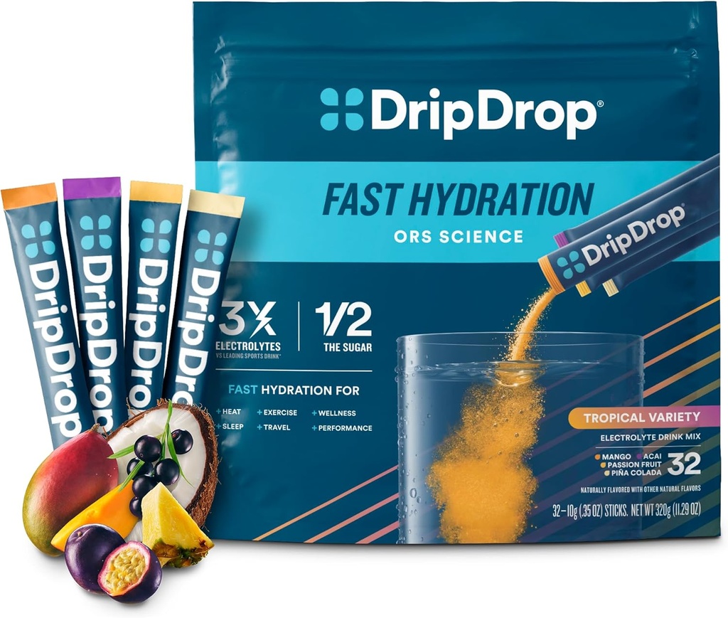 DripDrop Hydration Packets - Tropical Variety Pack - Ενιαία Σερβίρετε Ηλεκτρόλυτες Powder Drink Mix - Mango, Açaí, Πάθος Φρούτα, Piña Colada - Μη ΓΤΟ, Χωρίς Γλουτένη, Vegan - 32 Sticks