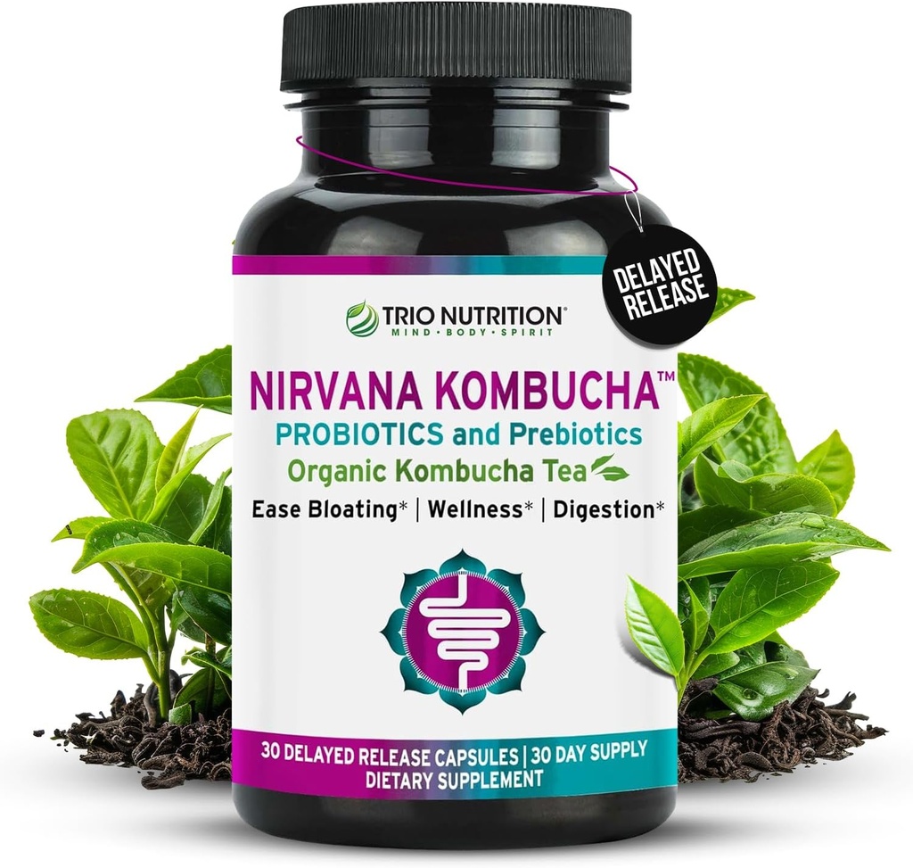 TRIO NUTRITION Nirvana Kombucha - Multi-Strain Probiyotiks & Prebiyotik Mix with Organic Tea - Gegestive & Immune Health - Bloating Relief - Natural pH Balance
