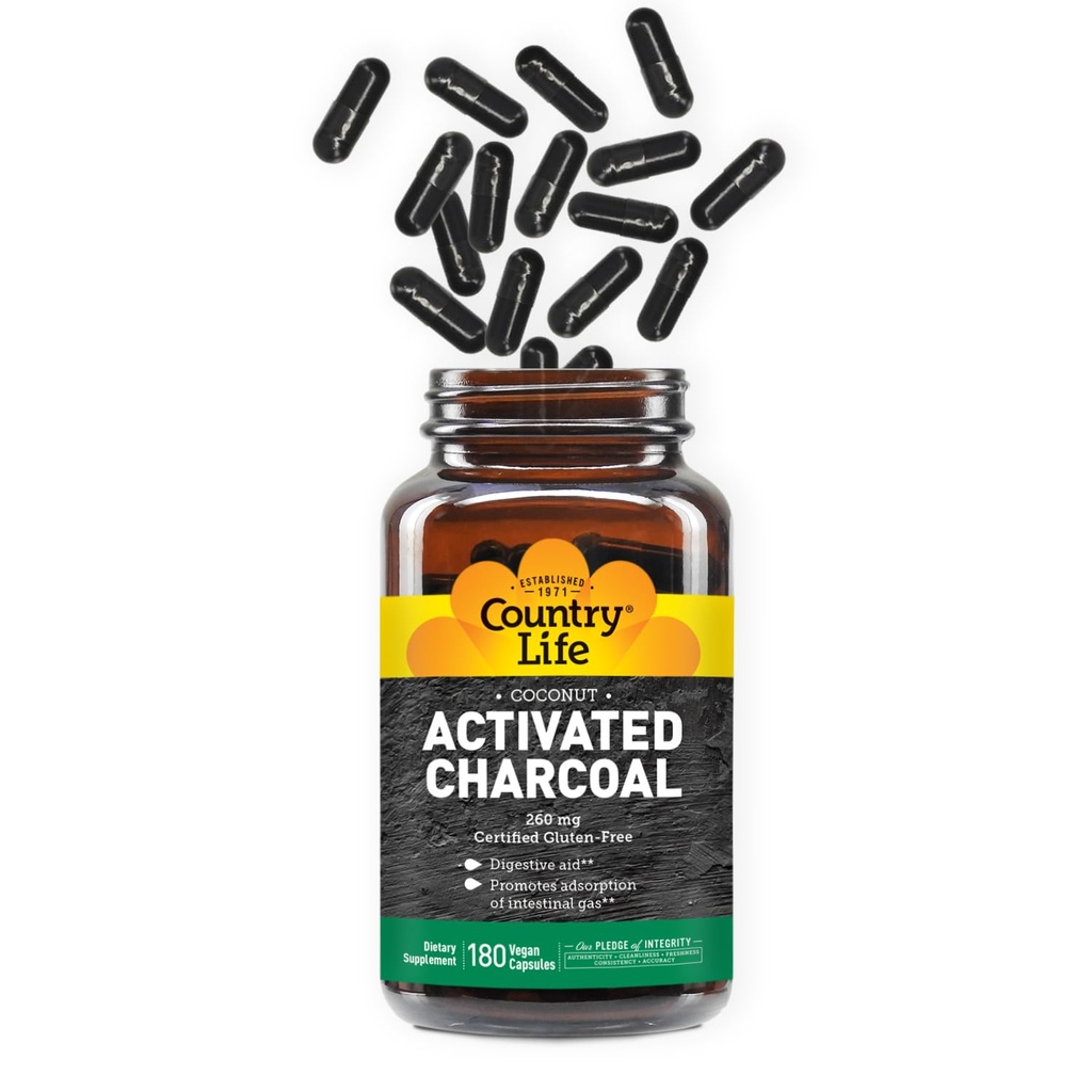 Ülke Hayatı Aktif Organik Piramit Charcoal Capsules, 260 mg - Doğal Charcoal Supplement for Gas and Bloating Relief, Gluten-Free, 180 Vegan Capsules