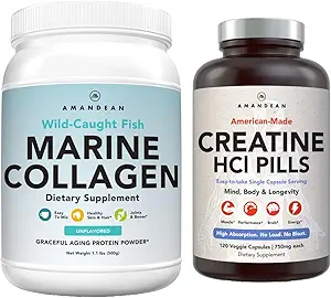 AMANDEAN Premium Creatine HCl & Marine Collagen Bundle. ΗΠΑ-Made CON-CRET. 7X Συμπυκνωμένο. Υδρολυμένη πρωτεΐνη κολλαγόνου. Ανάκτηση υποστήριξης & Lean Μύες. Υγιές Δέρμα