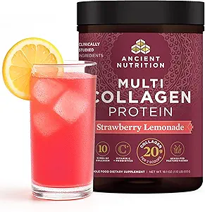 Ancient Nutrition Hydrolyzed Collagen Peptides Σκόνη με Προβιοτικά, Φράουλα Λεμονάδα Multi Collagen Πρωτεΐνη για γυναίκες και άνδρες με βιταμίνη C, 45 σέρβις, Υποστηρίζει το δέρμα και τα νύχια, Gut Health, 18