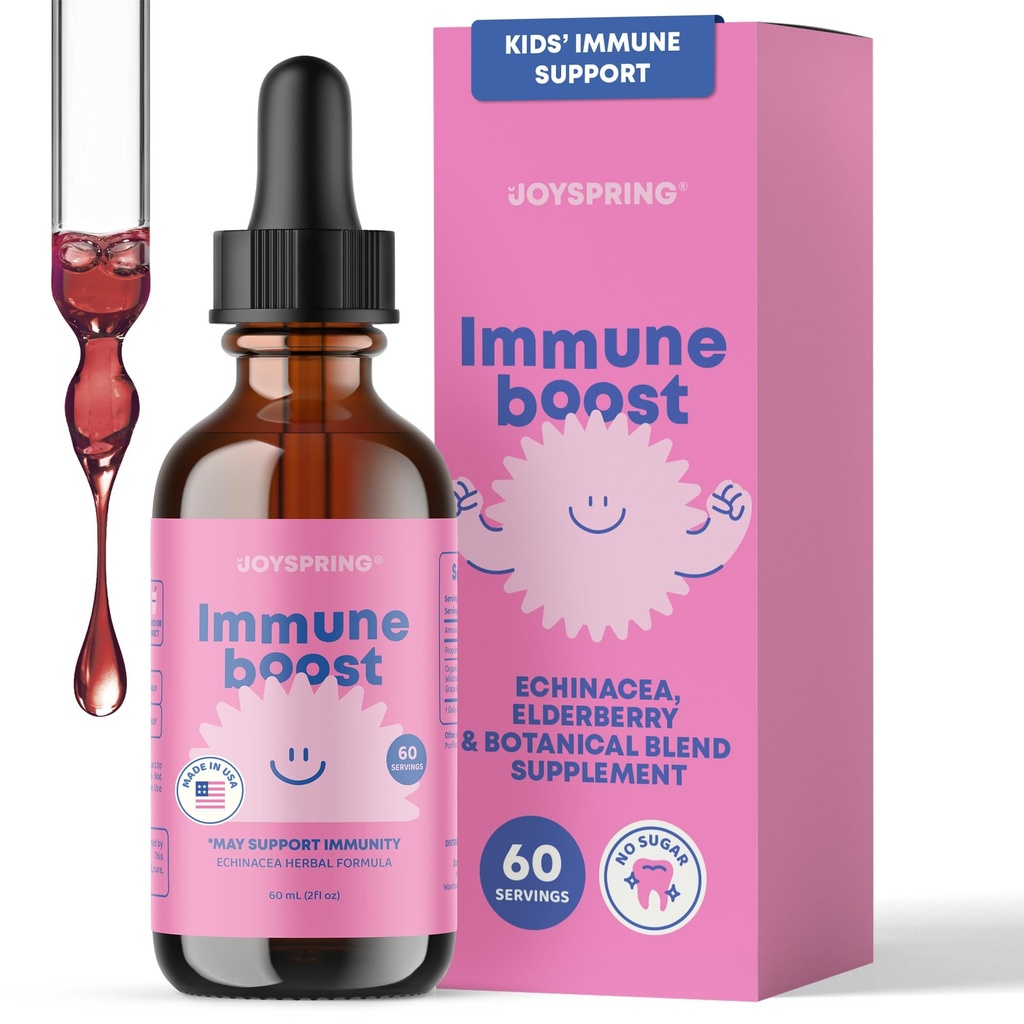 JoySpring Immune Drops - Çocuklar Immune Support Liquid Supplement (2 fl oz) - Echinacea, Elderberry, Oregon Grape Root, Orange Peel, A, B6, C - Natural Support System for Children & Yetişkinler