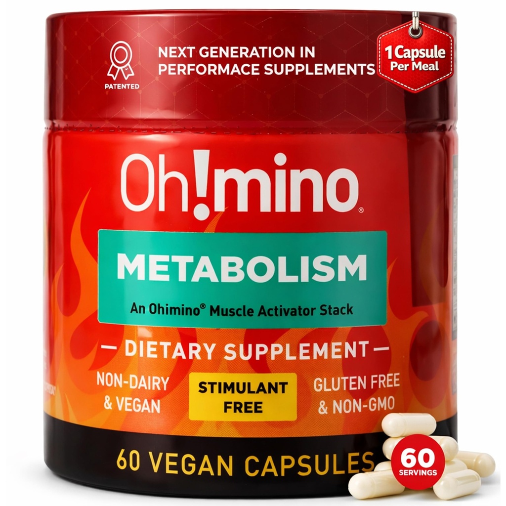 Oh!mino Metabolism Enerji Dönüşümü w/L-Carnitine, Phenylcapsais, & Vitamin B3 - Non-Jitters, Stimt-Free, Vegan, Non-Dairy Capsules (60 Hizmet)