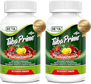 DEVA Tuba Prime Vegan Multivitamin High-Potency Vitamin and Mineral Dietary Supplement Antioxidants, Fruit and Vegetable Blend, Super Mushrooms, Probiotics, Prebiotics, Seeds, Herbs - 90 Tabs, 2-Pack