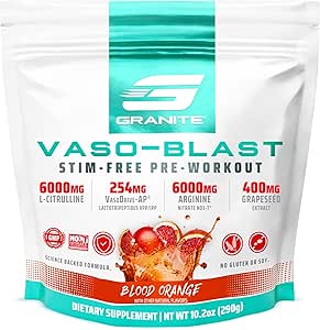 Granite Nutrition Vaso Blast Stim-Free Pre Workout - Non-Stim Nitric Oxide Support for Pump, Physique, and Muscle Capacity - Blood Orange (290g)