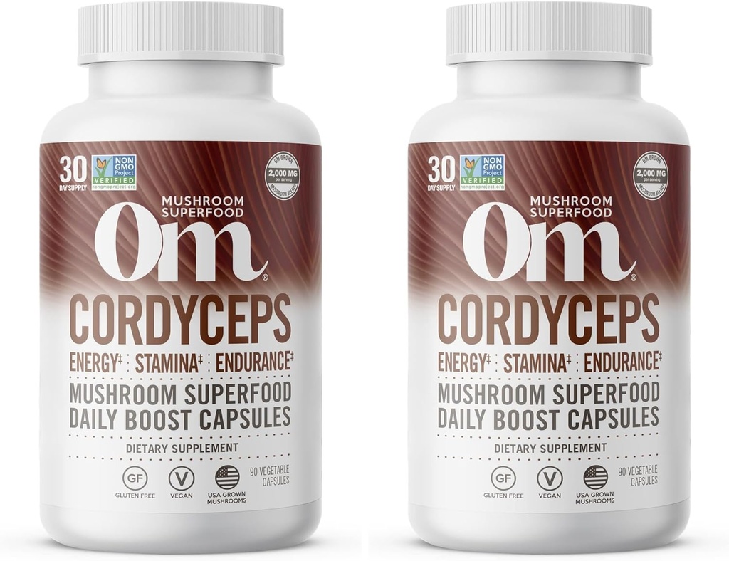 Om Mushroom Superfood Cordyceps Mushroom Κάψουλες Superfood Supplement, 90 Count, 30 Days, Energy, Power, Stamina και υποστήριξη αντοχής, Superfood Supplement for Sports Performance (Pack of 2)