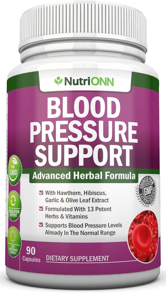 Blood Pressure Support Supplement - 13 Βότανα & Βιταμίνες - με Hawthorn, Hibiscus, Σκόρδο & Olive Leaf Extract - Φυσικό συμπλήρωμα για γυναίκες & άνδρες - Κάψουλες υψηλής αντοχής - Μη ΓΤΟ - Προμήθεια 90 ημερών