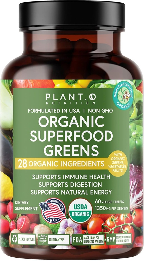 Plant.O Organic Super Greens [Συμπλήρωμα φρούτων και λαχανικών] Υψηλή απορρόφηση Αντιοξειδωτικά από Πράσινη σκόνη με Alfalfa, Beet Root, Tart Cherry για την ανοσοποιητική υποστήριξη, Gut Health, Energy, 60 Veggie Tablets