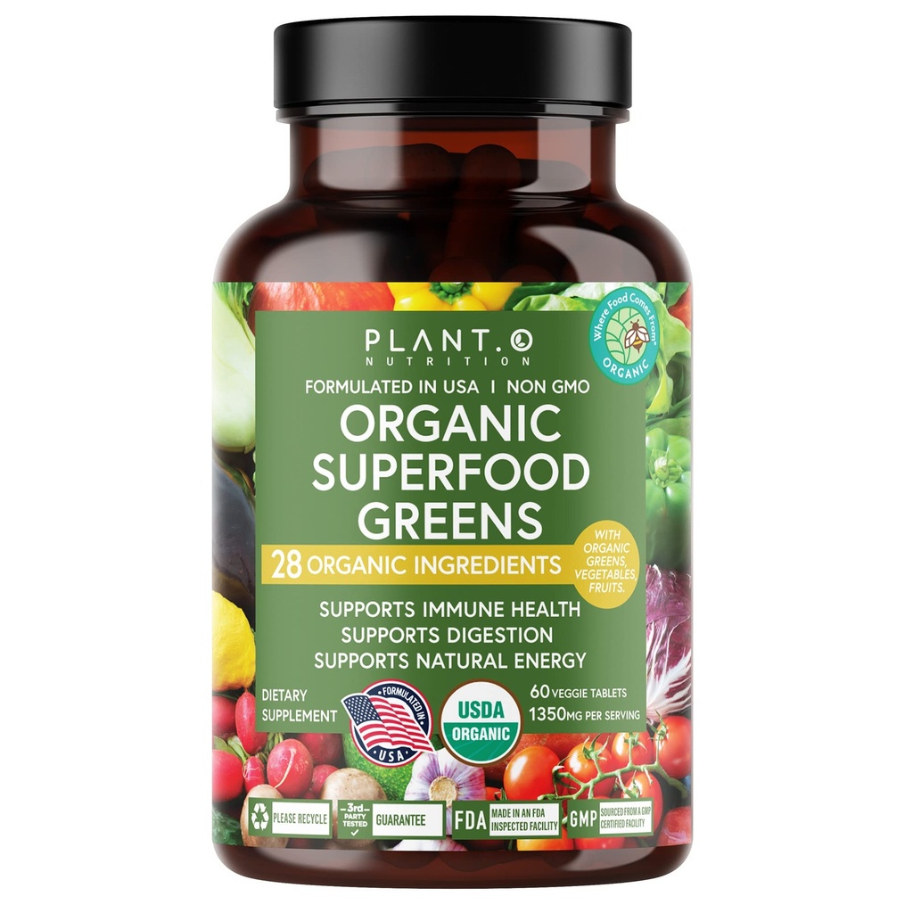 Plant.O Organik Süper Yeşiller [Fruit & Veggie Supplement] Yüksek Absiyon Antioksis from Green Toz with Alfalfa, Beet Root, Tart Cherry for Immune Support, Gut Health, Energy, 60 Veggie Tablets