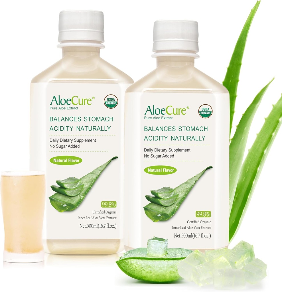 AloeCure USDA Organic Aloe Vera Juice Made Within 12 Hrs of Harvest - Pure Aloe Juice Natural Digestive Supplement to Support Digestion, Immune System and balanced Stomach Acidity, 2 x 500ml Φιάλες