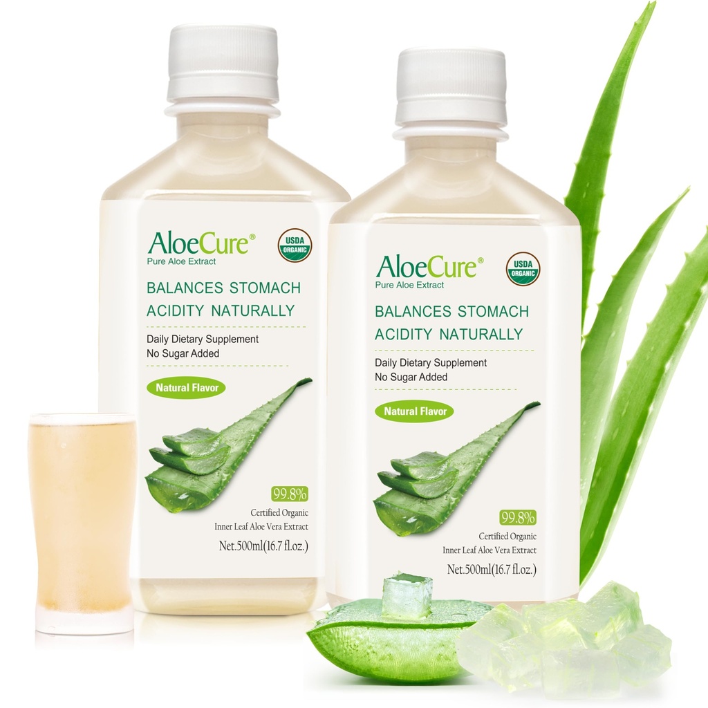 AloeCure USDA Organik Aloe Vera Juice 12 Hrs of Harvest - Pure Aloe Juice Doğal Digestive Supplement to Support Digestion, Immune System and Balanced Stomach Acidity, 2 x 500 ml Şişes