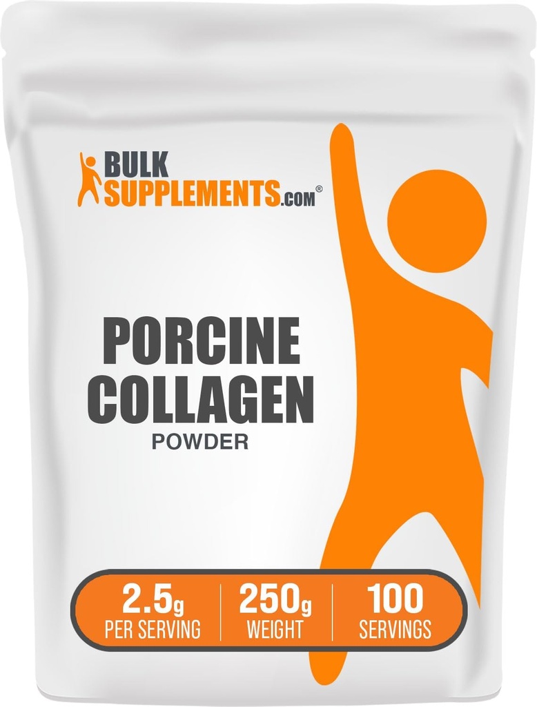 BulkSupplements.com Porcine Collagen Toz - Hydrolyzed Collagen Supplement, for Hair, Skin, & Nails - Unflavored & Gluten Free, 2.5g per Service, 250g (8.8 oz) (Pack of 1)