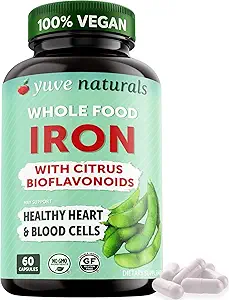 Yuve 100% Vegan Tüm Gıda Chelated Iron Supplement 18mg – Tadısız, Non-Constipating, Gentle on Stomach, Energy Support – Gluten-Free, Non-GMO, 60 Capsules