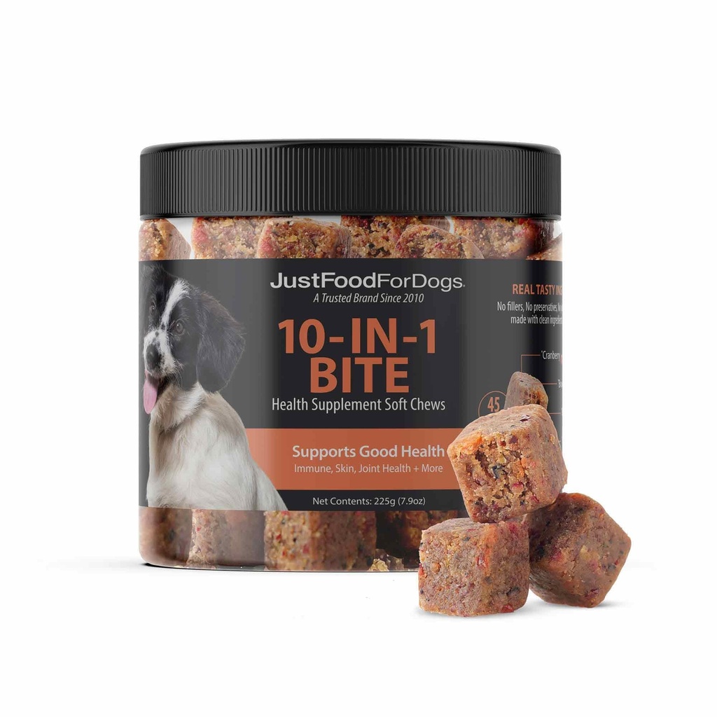 JustFoodForDogs 10in-1 Multiwork Supplement Chews for Dogs, Superfood Assembly, Glucosamine, Omega-3 Fatty Acids, Skin Health, Ortak Sağlık, Probiyotikler, Plant-Based, Human Grade - 45 Kont