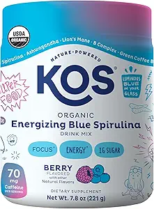 KOS Energizing Blue Spirulina Blend - USDA Certified Organic - B Vitamins, Ashwagandha, Ginseng, Adaptogens, Biotin - Vegan Pre Workout Powder - Caffeinated, Berry Flavored, 28 Servings