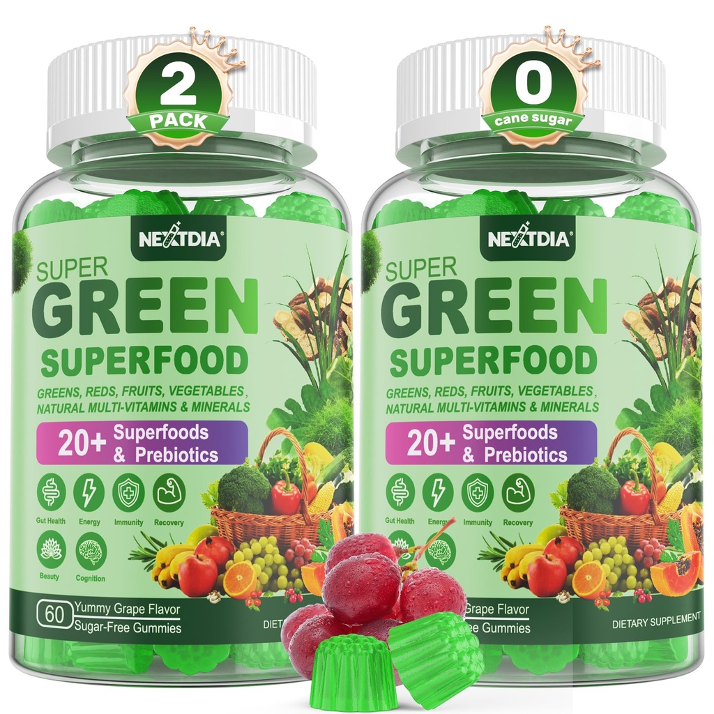 Super Greens Gummies, Greens Superfood Toz Alternatif w/Spirulina, Chlorella, Prebiyotik Fiber, Probiyotik, Meyve Veggie, Digestive & Gut Health için Günlük Meyve Sebze, Immunity, Focus, 120 Cts