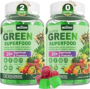 Super Greens Gummies, Greens Superfood Toz Alternatif w/Spirulina, Chlorella, Prebiyotik Fiber, Probiyotik, Meyve Veggie, Digestive & Gut Health için Günlük Meyve Sebze, Immunity, Focus, 120 Cts