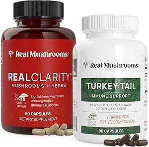 Real Mushrooms RealClarity (60ct) ve Türkiye Tail (90ct) Capsules Sche - Mushroom Supplement for mentalty, Focus & Immune Support - Vegan, Non-Glucans