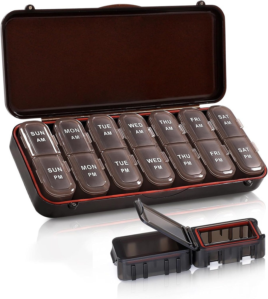 Pill Organizer 2 Times a Day, Weekly Travel Case for Vitamins, Fish Oils + 2 Detachable Cute Box (Brown)