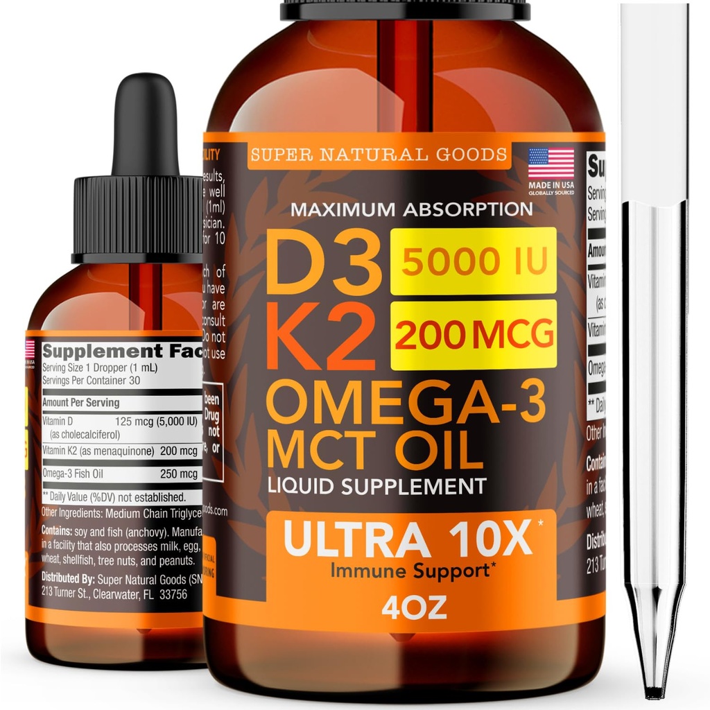 Βιταμίνη D3 K2 Υγρές σταγόνες 5000 IU (4oz) Μέγιστη δύναμη Βιταμίνη D, K, MCT Oil & Omega 3 Οστό, καρδιά, αρθρώσεις, συμπλήρωμα υποστήριξης μυών. Φόρμουλα γρήγορης απορρόφησης. 4 σε 1 Complex Formula Non-GMO