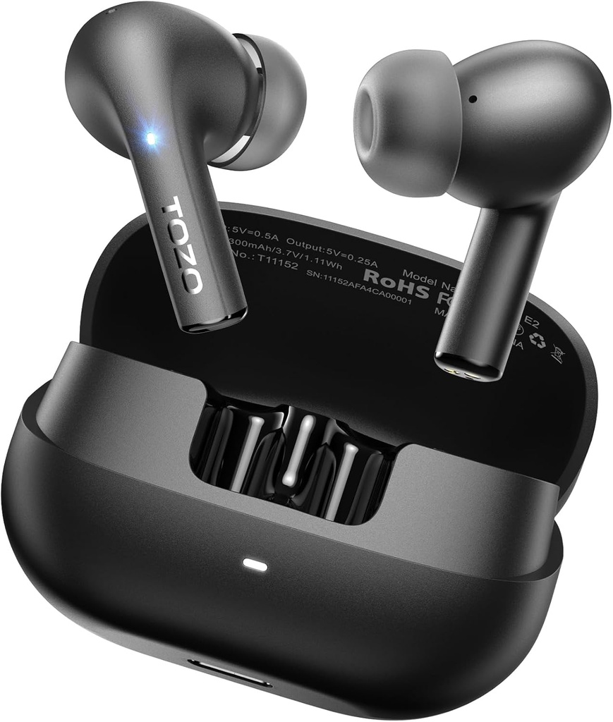 TOZO E2 Ασύρματα ακουστικά 10mm Drivers με ισχυρό μπάσο, App Προσαρμογή 32 EQs, με 2 Mics AI Ακύρωση θορύβου κλήσης, 30H Ώρα παιχνιδιού, Bluetooth 5.3 Buds αυτί, Comfort Fit in-Ear ακουστικά