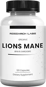 Research Labs Organic Lions Mane Supplement Capsules, 120 Capsules w/Patent Litropane™, Immune System Booster & Nootropic Brain Support Mushroom Supplement. 10X Extract comparable to 18,000mg