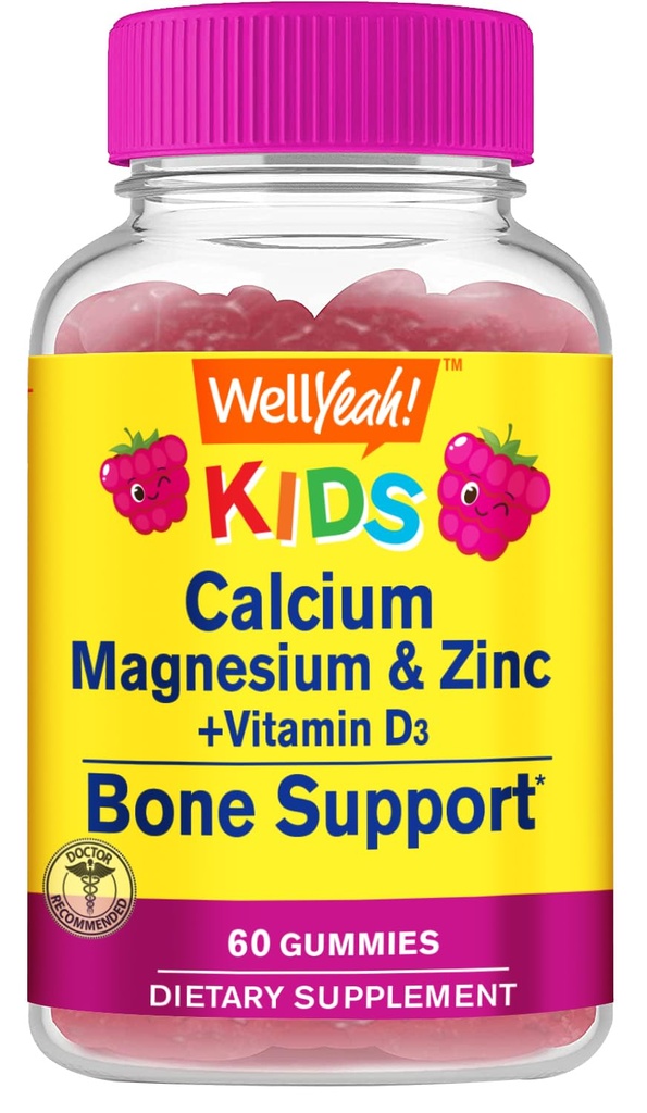 Kid'suba, Magnezyum, çinko + Vitamin D3 Gummies by Well Evet | Bone, Muscle and Nerve Health Support, Immune Support | for Men and Women | Gluten Free, Non GMO | Raspberry Flavor | 60 Count