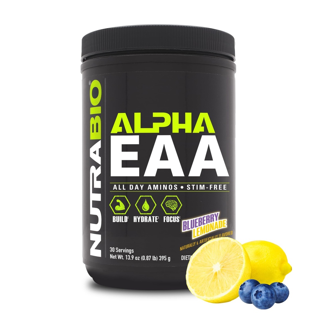 NutraBio Alpha EAA - All-Day Amino Acids for Muscle Growth and Hydration - Essential Amino Acids with Nootropics & Adaptogens- Full Spectrum EAA BCAA Powder - 30 Servings - Blueberry Lemonade