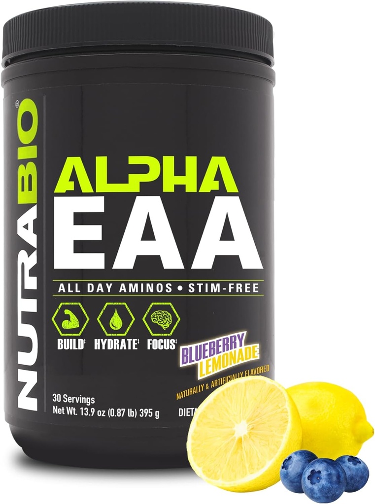 NutraBio Alpha EAA - Kas Büyüme ve Hydration için tüm gün asitleri - Nootropics & Adaptogens- Full Spectrum EAA BCAA Toz - 30 Hizmet - Blueberry Lemonade