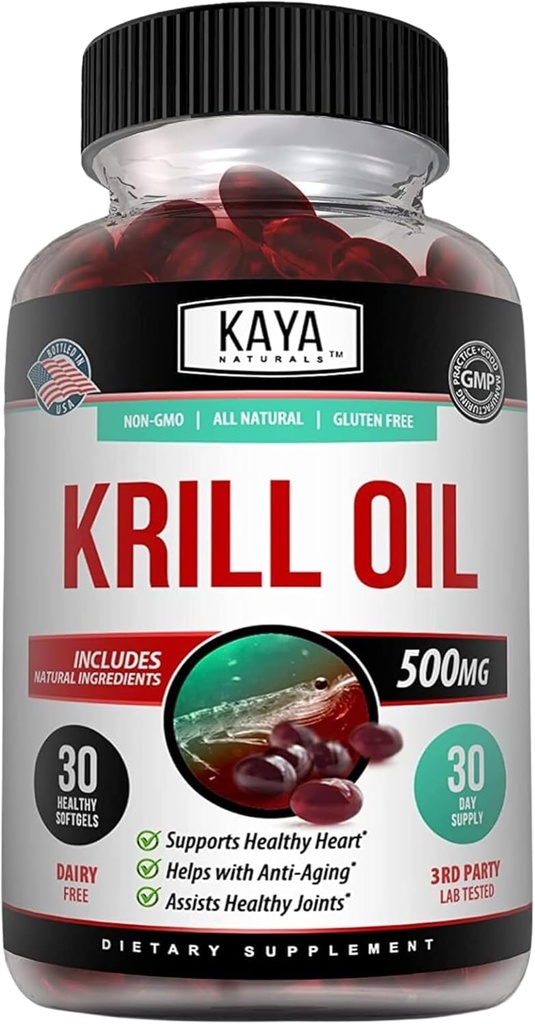 Kaya Naturals - Antarktika Krill Oil 500mg with Omega 3, EPA, DHA, Phospholipids & Astaxanthin Supplement - Brain & Health Vitamin - Anti Aging Supplement - 30 Count Softgels