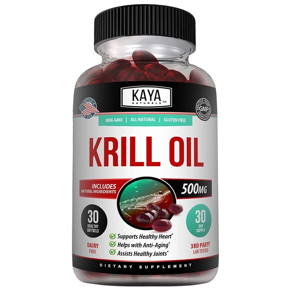 Kaya Naturals - Antarktika Krill Oil 500mg with Omega 3, EPA, DHA, Phospholipids & Astaxanthin Supplement - Brain & Health Vitamin - Anti Aging Supplement - 30 Count Softgels