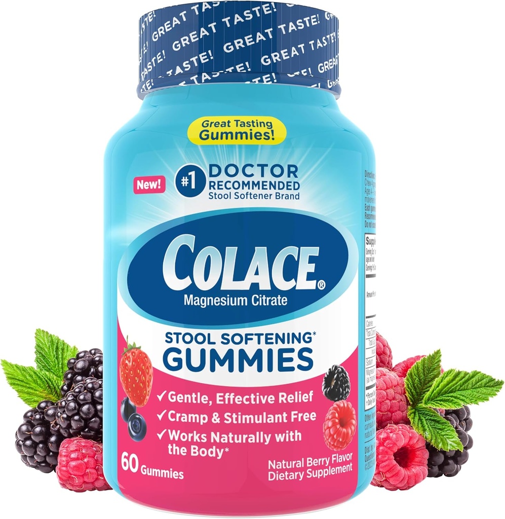 Colace Stool Αποσκληρυντής Gummies, Απαλή αξιόπιστη δυσκοιλιότητα Ανακούφιση Μαγνήσιο Κιτρικό Gummies, No.1 Γιατρός συνιστάται Αποσκληρυντής Stool Brand, Berry Γεύση 60ct
