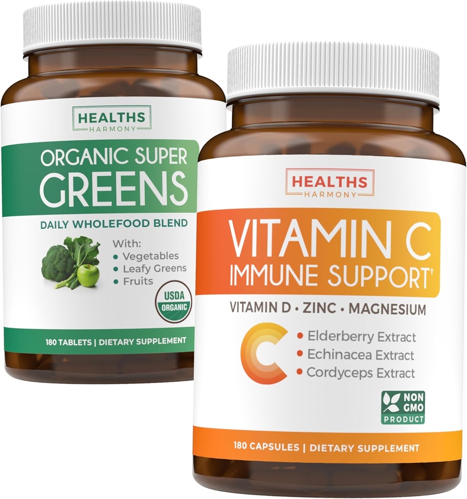 Super Greens & Vitamin C (3-Month Supply) Vitamin Yeşiller Organik Süper Yeşil Toz - Tamam Superfood (180 Capsules) & Vitamin C Immune Support (180 Vegetarian Capsules)