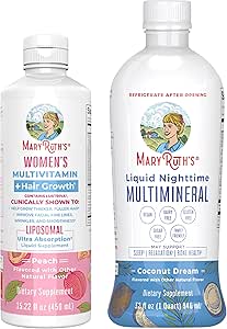 MaryRuth's Women's Multivitamin + Hair Growth Liposomal (Peach) & Liquid Nighttime Multimineral (Coconut, 15oz) | Clean Label Project Verified® | Vegan | Beauty, Bedtime Routine, & Overall Health