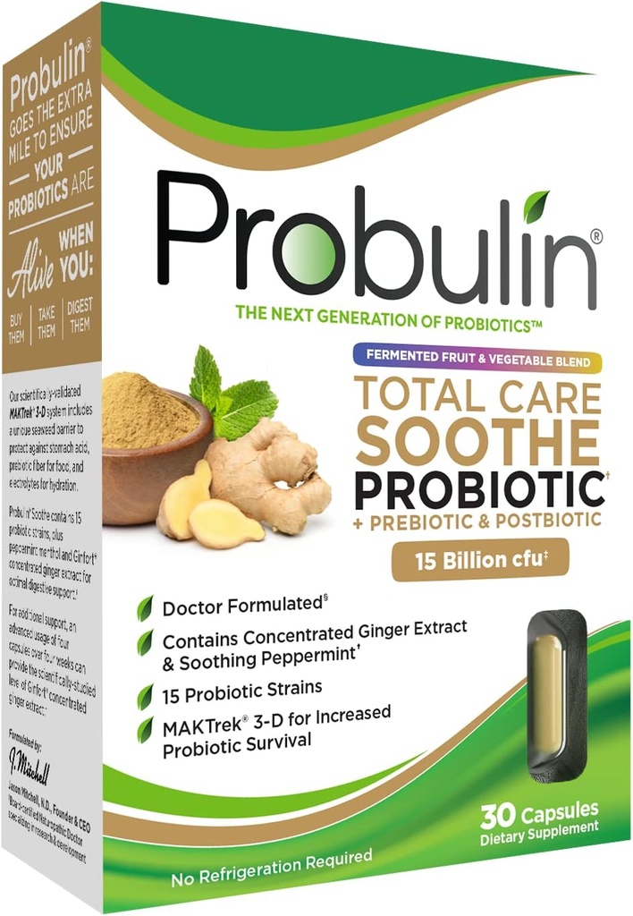 Probulin Total Care Soothe Prebiotic, Probiotic και Postbiotic + Ginger & Mint for Digestive Soothing - 15 δισεκατομμύρια CFU - 15 στεφάνες - 30 κάψουλες Vegan