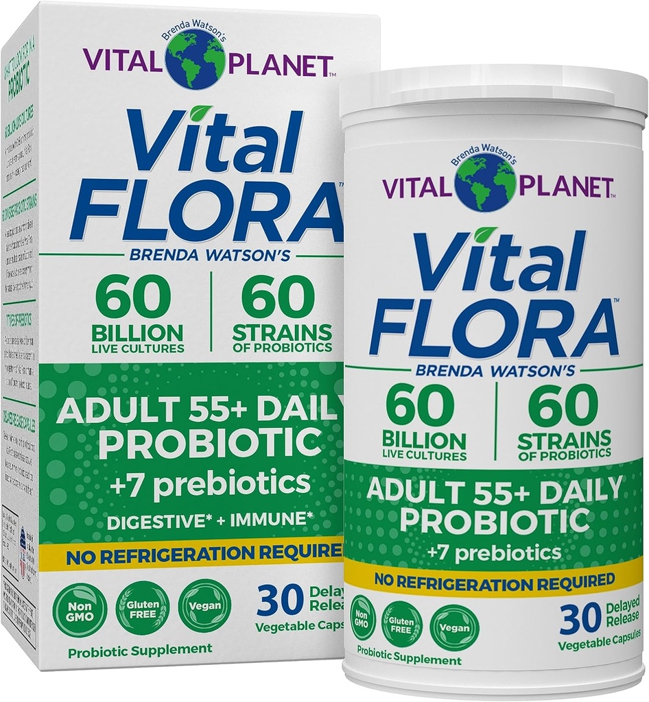 Vital Planet - Vital Flora Ενήλικες άνω των 55 Ημερήσιος Προβιοτικός 60 Δισεκατομμύρια CFU, Diverse Strains, Organic Prebiotics, Immune and Digestive Health Ράφι Σταθερά Προβιοτικά για γυναίκες και άνδρες, 30 Κάψουλες