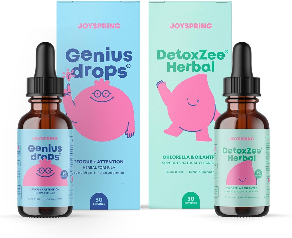 JoySpring Genius Drops & DetoxZee Herbal Sche | Çocuklar Doğal Kaynaklandı, Non-GMO, Non-Alcoholic Formula, Immunity Health Support | Vegan & Vegetarian Supplements