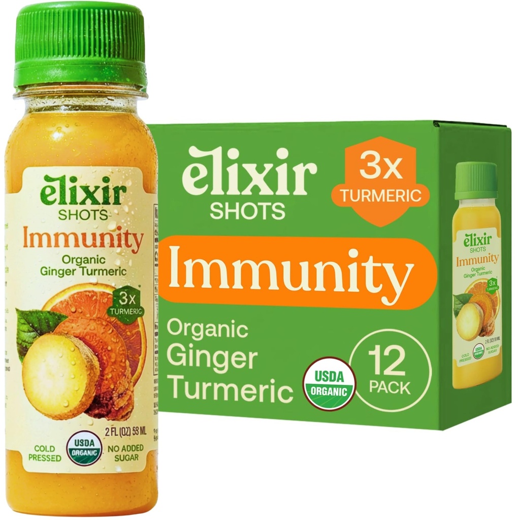 Elixir Shots, Immunity Boost Wellness Shot με ψυχρή πίεση Turmeric, Ginger, πορτοκαλί και μαύρο πιπέρι, χωρίς πρόσθετα σάκχαρα ή τεχνητά συστατικά, 12-συσκευασία
