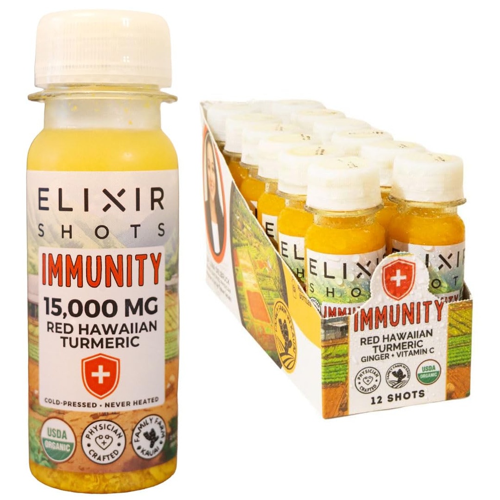 Elixir Shots, Immunity Boost Wellness Shot with Cold-Pressed Turmeric, Ginger, Orange ve Black Pepper, No Eklenmiş Şekerler veya Yapay Malzemeler,12-pack