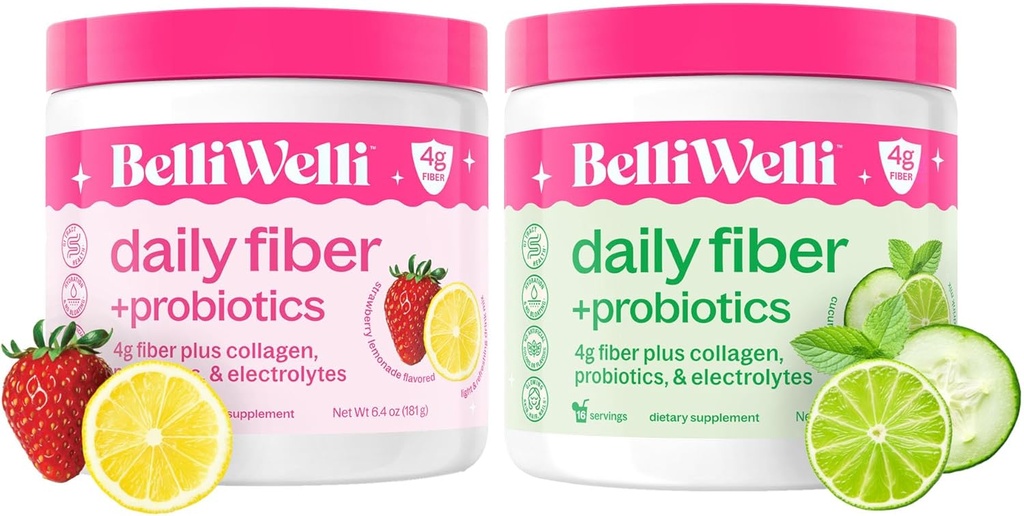Belli Welli Daily Fiber Supplement Duo - Strawberry Lemonade & Cucumber Lime Mint - Collagen, Probiyotiks & Electrolytes - Dengeli Wellness için Flavors - 32 Toplam Hizmetler