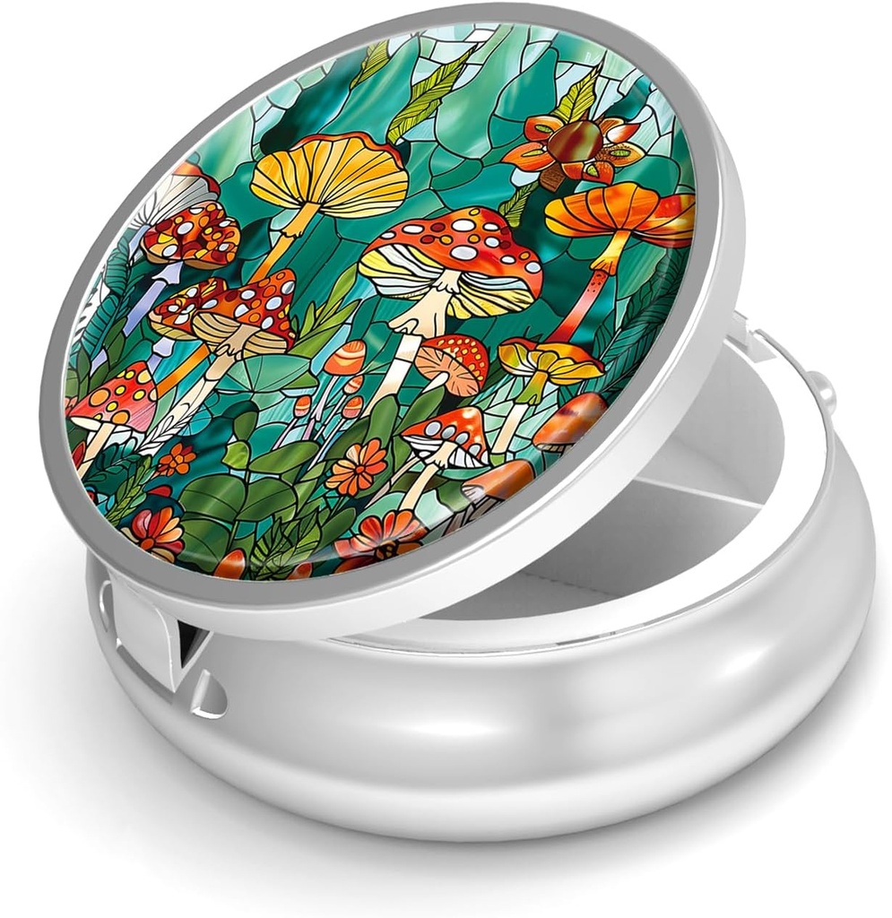 Pill Box-3 Relement Small Pill Case for Purse & Pocket Mini Metal Pill Holder Travel Pill Container to Hold Supplements Antivirus-Free (Mushroom Forest)