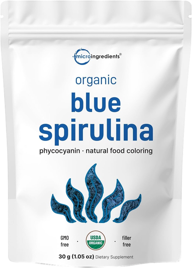 Organik Blue Spirulina Toz (Phycocyanin özü), 30 Hizmet - Balık kokusu yok, Blue-Green Algae, Natural Luminous Food Coloring for Smoothies, Baking, Drinks & Cooking