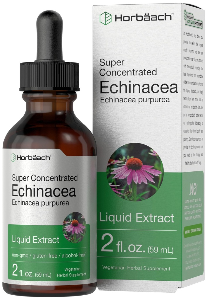 Horbaach Echinacea Drops Herb Tincture | 2 fl oz | Super Tempd Root Extract | Alkol Free Liquid | Vegetarian, Non-GMO & Gluten Free Supplement