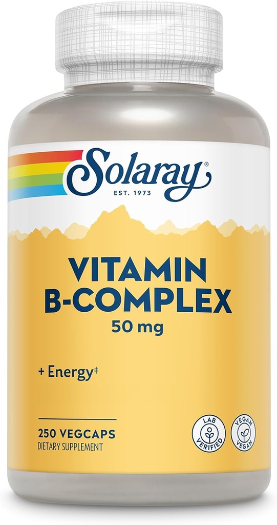 SOLARAY Vitamin B Kompleksi 50 mg - Hücre Enerji Vitaminleri - Metabolism ve Nerve Health Support with B12, B1, B6, Niacin, Folic Acid, Biotin ve Diğer B Vitaminleri - Vegan, 250 VegCaps