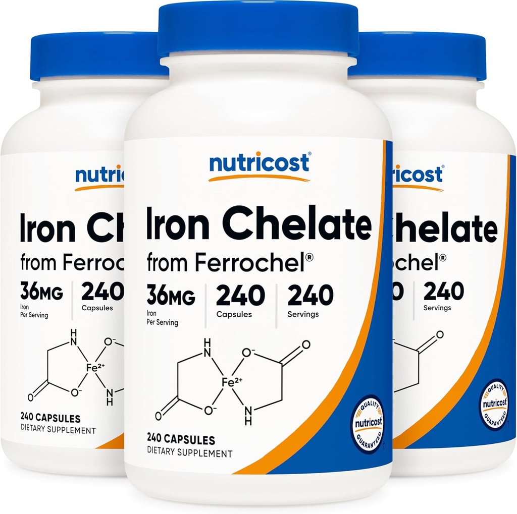 Nutricost Chelated Iron, As Ferrochel, 36mg, 240 Capsules (3 Şişe)