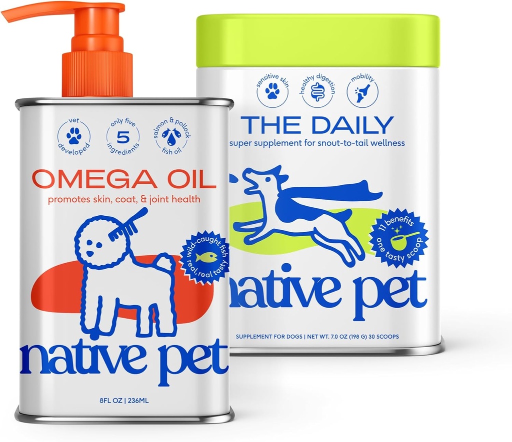 Yerli Pet Pack Liderleri (1994) - Daily Dog Multivitamin (7 oz.) & Omega Oil for Dogs (8 oz.) - Omega 3 Fish Oil for Health Skin, Shiny Coat, & Güçlü Ortaklar & Daily Multivitamin for Pups